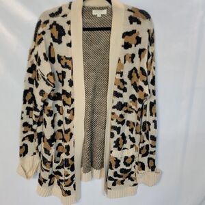 Leopard Print Open-Front Cardigan Sweater - Cream/Tan/Black 2x